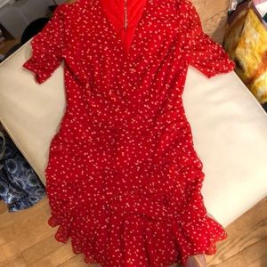 Astr red floral print v-neck dress w/ ruched sleeves and skirt